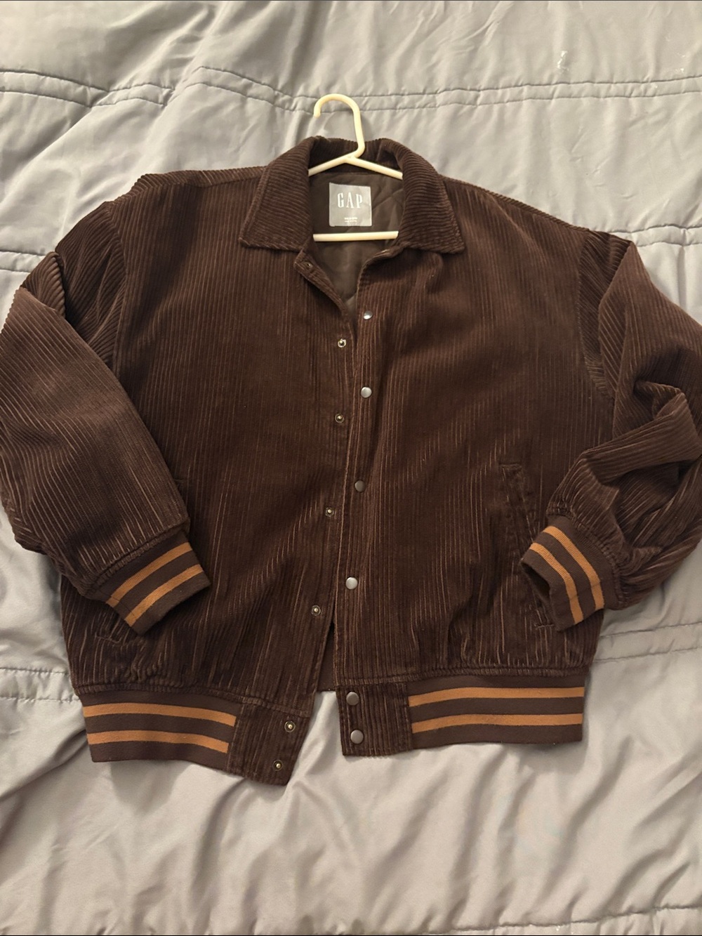 GAP Brown Corduroy Varsity Bomber Jacket with Striped Trim